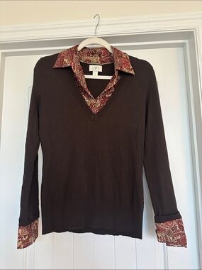 LOFT Brown V-Neck Sweater with Paisley Trim